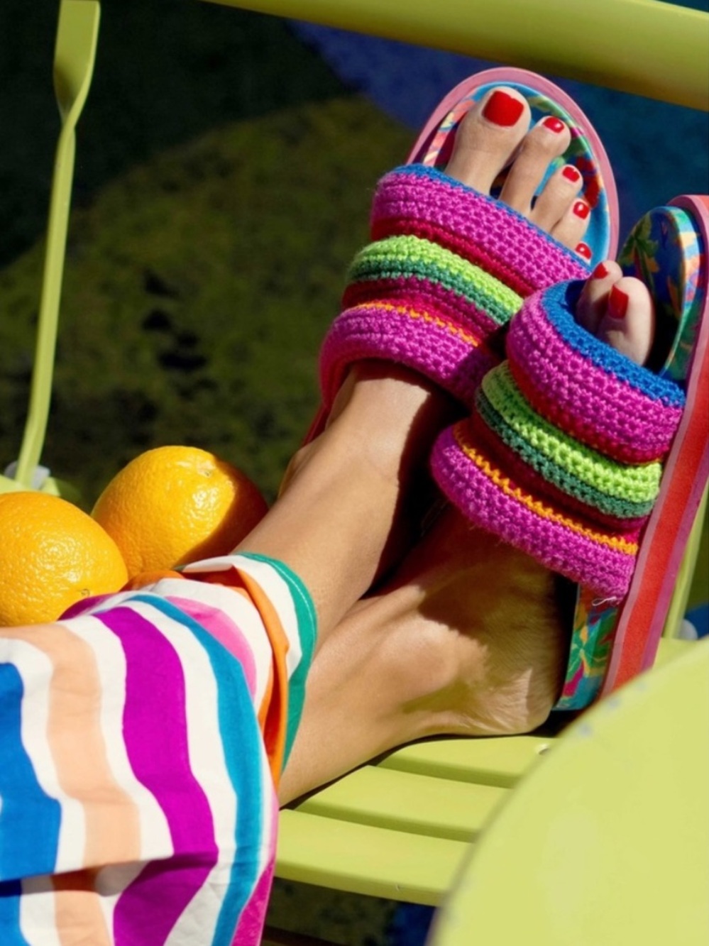 FARM Rio Rainbow Crochet Strap Slide Sandals in Pink, Green, Blue, Orange - Picture 6 of 8